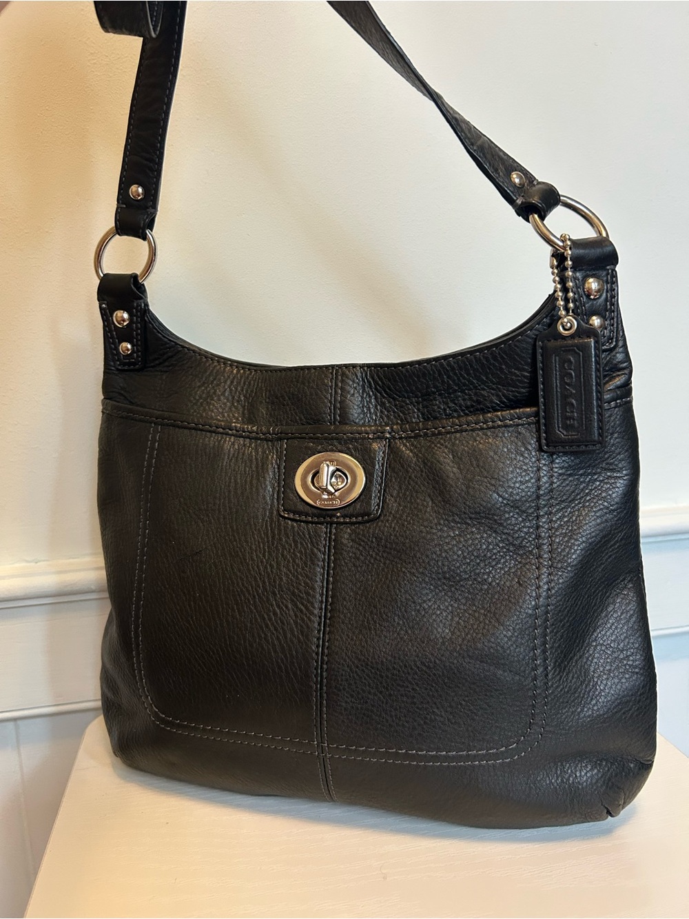 Coach Penelope Black Pebbled Leather Turnlock Shoulder Bag